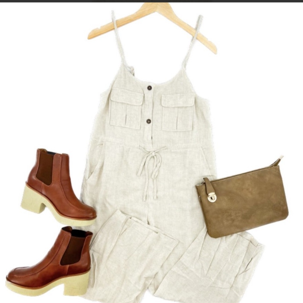 NWOT Promesa Linen Oatmeal Natural Light Beige Jumpsuit Tank Buttons - Picture 15 of 15